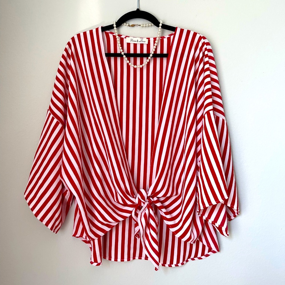Red and White Striped Tie Knot Blouse